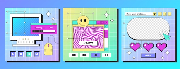 Free Vector social media posters with retro desktop computer interface with button browser windows message boxes