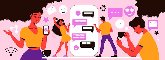 Social network composition with doodle characters of people with gadgets smartphones