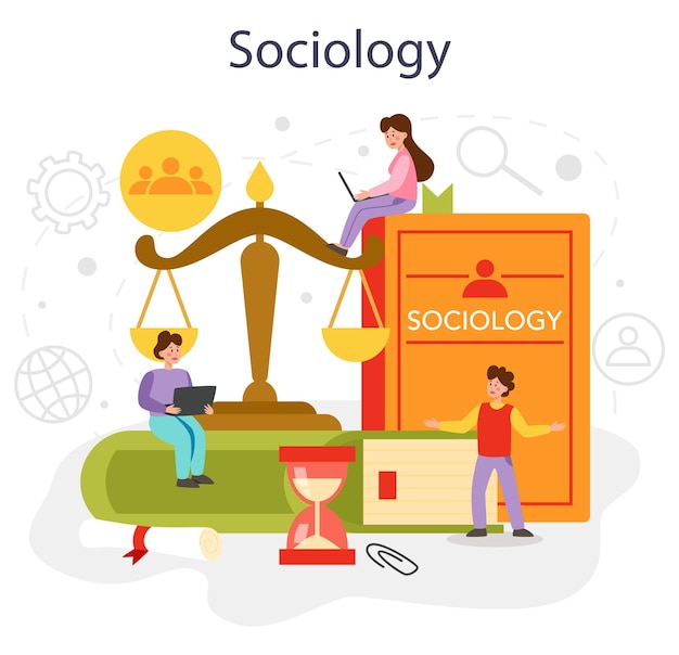 Sociology school subject Students studying society pattern of social relationship social interaction and culture Polytics science and social studies Vector illustration