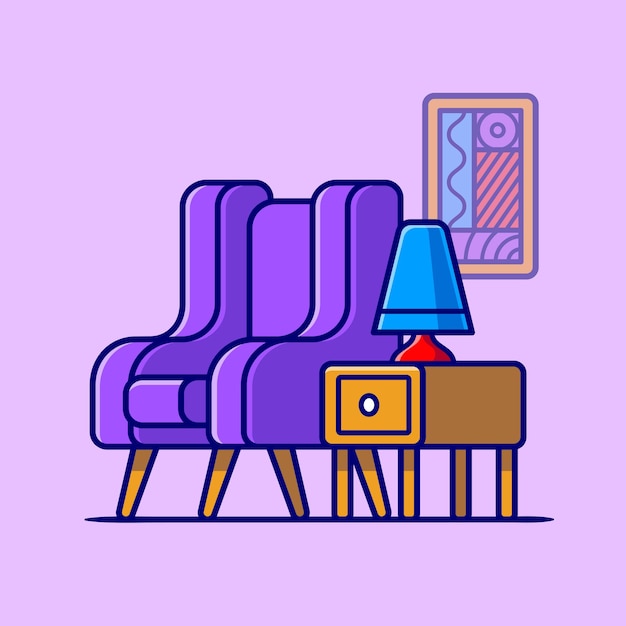 Sofa Chair With Table And Lamp Cartoon Vector Icon Illustration. Interior Indoor Icon Concept Isolated Premium Vector. Flat Cartoon Style