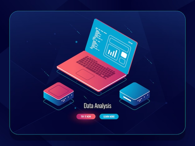 Soft development isometric, web design process, laptop with data, programming and code writing