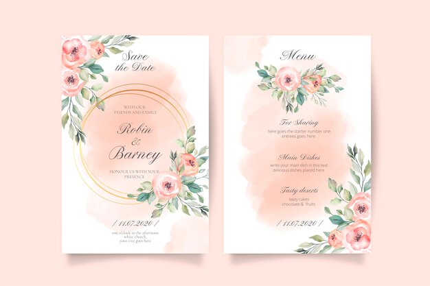 Soft Pink Wedding Invitation and Menu Template