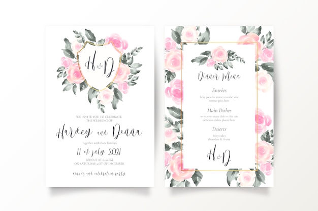 Soft pink Wedding invitation and menu template