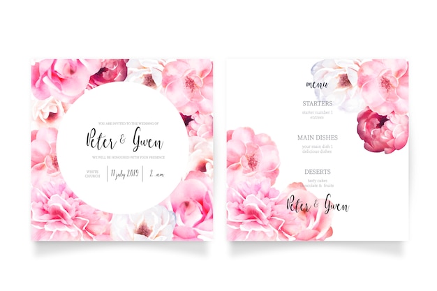 Soft Pink Wedding Invitation Template with Menu