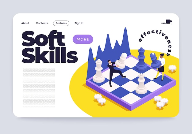 Free Vector soft skills effective teamwork isometric web page design with business people moving pieces on chessboard vector illustration