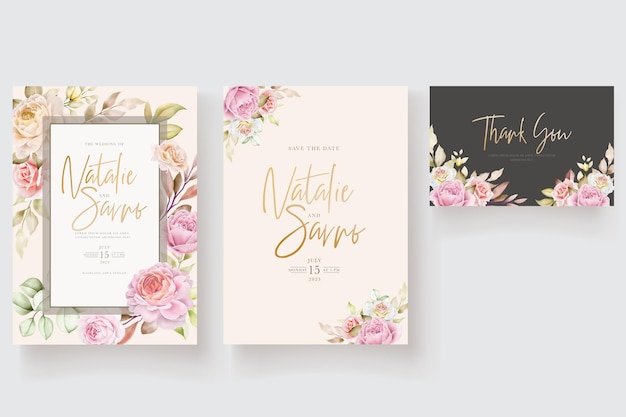 Free vector soft watercolor floral and leaves invitation card