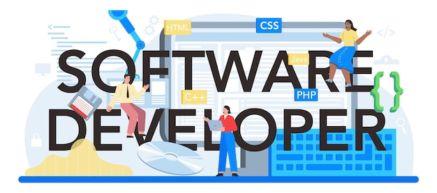 Software developer typographic header Idea of programming and coding system development Digital technology Software developing company writing code Isolated vector illustration