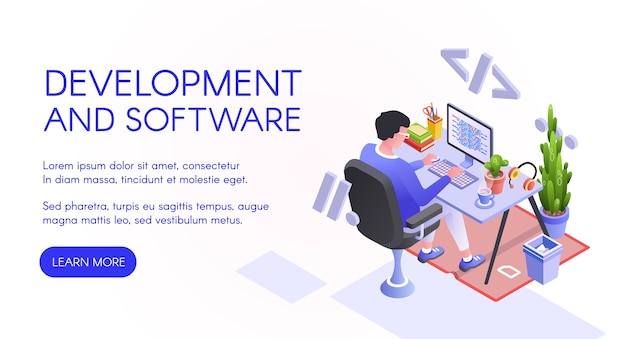 Free Vector software development illustration of web developer or programmer at computer. 