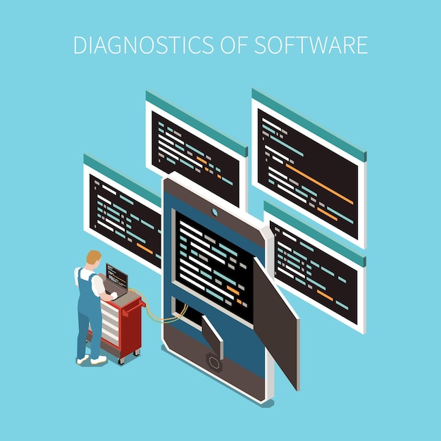 Free Vector software diagnostics concept with programming code symbols isometric