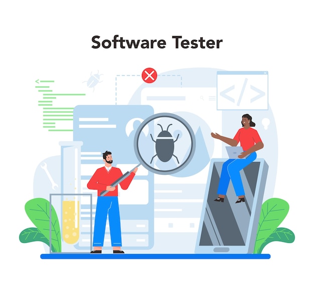 Free vector software testing concept application or website code test process it specialist searching for bugs idea of computer technology digital analysis vector illustration in cartoon style