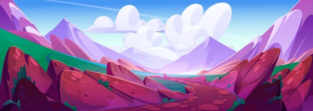 Soil road to mountain view landscape background Nature outdoor illustration with cloud boulder and hill beautiful environment panorama Empty soil path to distant horizon at noon game travel concept