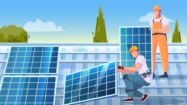 Solar panels installation flat composition with two male characters working on roof top illustration