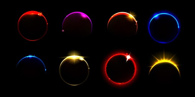 Solar planet eclipse light and sunrise flare ring effect Abstract earth or moon edge circle set isolated with mysterious sunset rays Outer blaze in universe icon on black background illustration