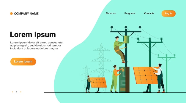 Free Vector solar power plant maintenance. utility workers repairing electric installations, boxes on towers under power lines