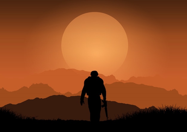 Free Vector soldier against sunset landscape 