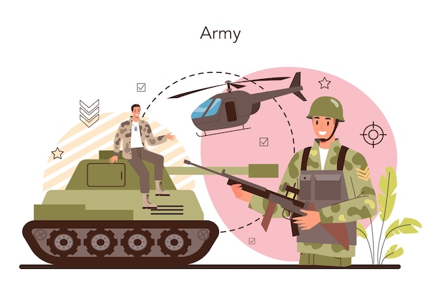 Soldier concept Millitary force employee in camouflage with a weapon Army equipment and technology War strategy and tactic Isolated flat vector illustration