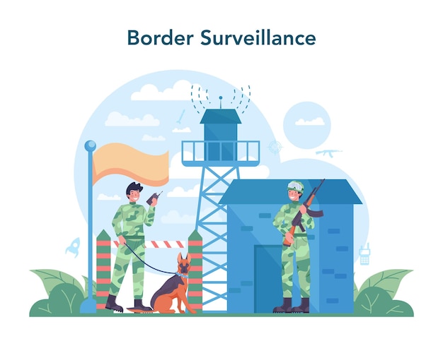 Soldier concept Millitary force employee in camouflage with a weapon Military training with a equipment and technology Border surveillance Isolated flat vector illustration