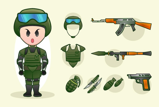 Soldier dress up constructor set you can choose costume and accessories Cartoon vector illustration character design