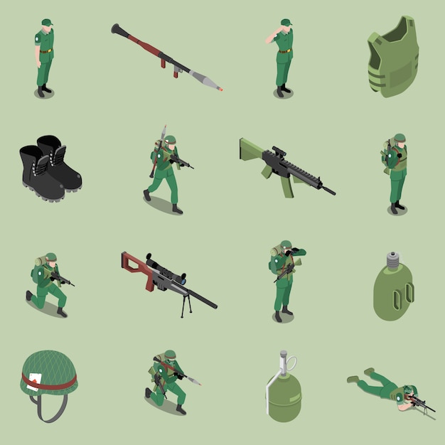 Free vector soldier equipment isometric set of helmet body armor rifles ankle boots soldier jar isolated icons