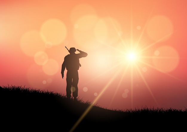 Soldier saluting at sunset 