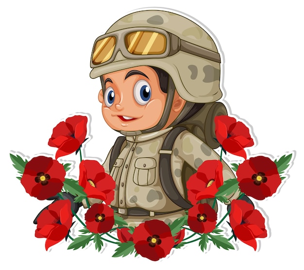 Soldier with poppy cartoon character