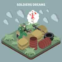 Free vector soldiers dreams isometric composition with sniper sitting in entrenchment and remembering his girlfriend