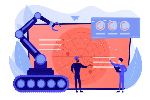 Free vector soldiers at radar planning to use robot for military actions. military robotics, automated army machinery, military robot technologies concept