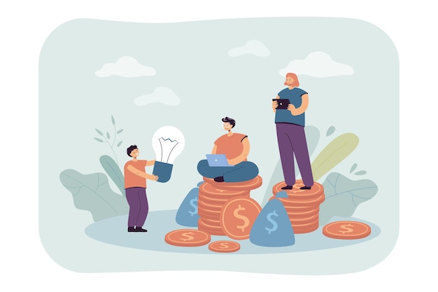 Son giving idea to parents with money and gadgets. Kid holding lightbulb, mother and father on stacks of coins flat illustration