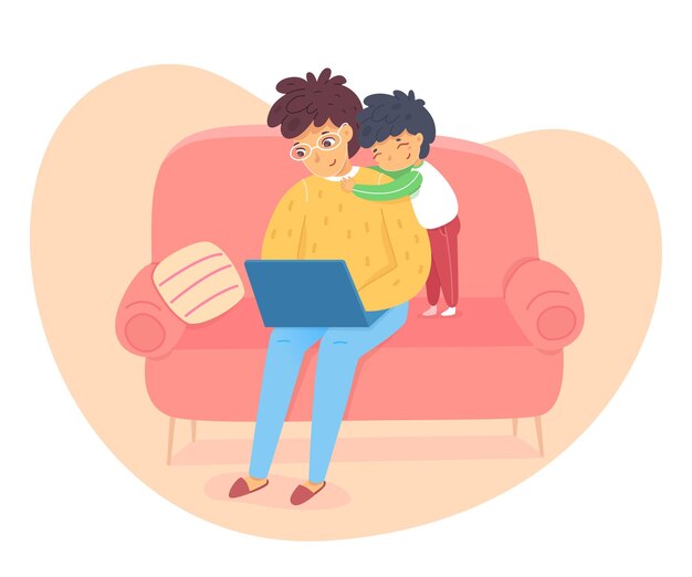 Son hugs dad working at laptop sitting in living room Parent and child hugging family embrace scene