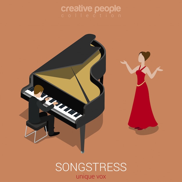 Songstress solo woman singer sings to grand piano accompaniment isometric vector illustration.