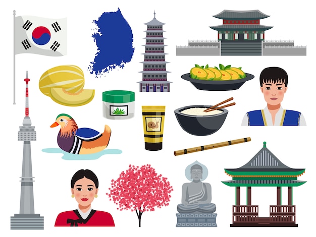 South korea tourism travel set with isolated icons of national symbols cultural values food and people  illustration