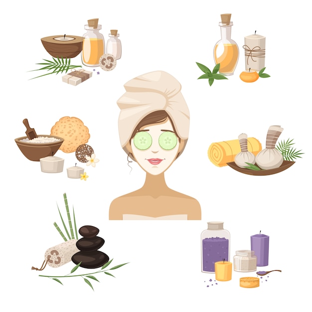 Free Vector spa beauty elements with woman mask stones oils and creams isolated vector illustration