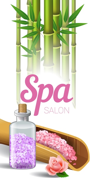 Spa salon lettering, bamboo and salt in scoop and bottle. 