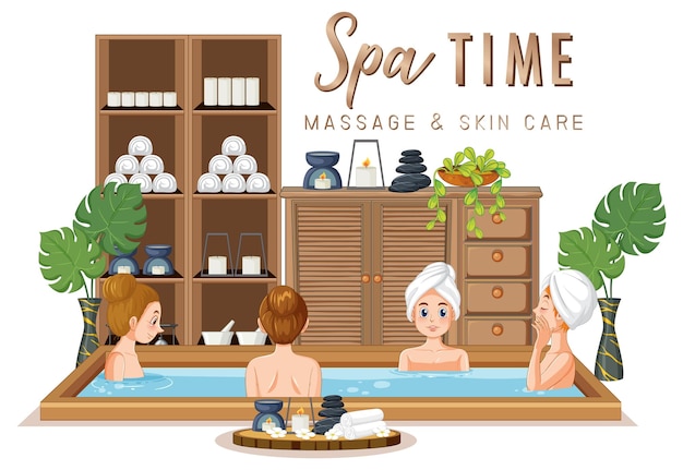 Free vector spa time text with women in bathtub