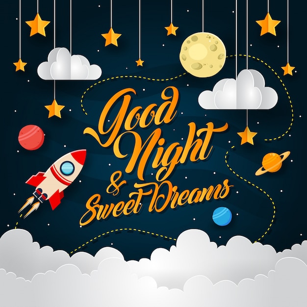 Free vector space adventure paper art good night card illustration