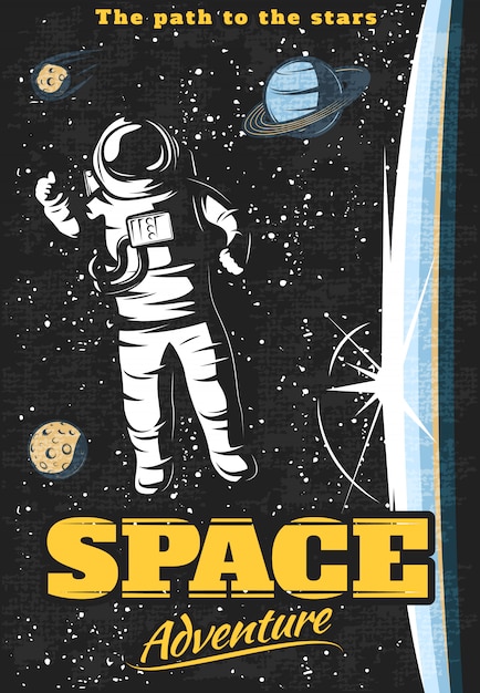 Free vector space adventure poster with astronaut outside orbital station and cosmic objects on starry sky