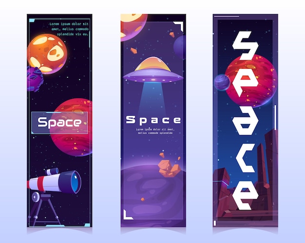 Free Vector space bookmarks with alien planets spaceship and telescope on cosmos background vector vertical bann...