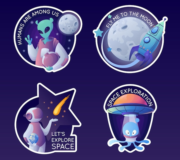 Free vector space cartoon emblems stickers set with isolated compositions of rocket spaceman and alien images with text vector illustration