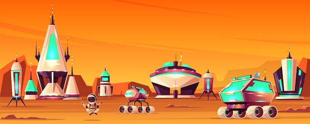 Free Vector space colony on mars cartoon concept with spaceships or rockets, futuristic buildings