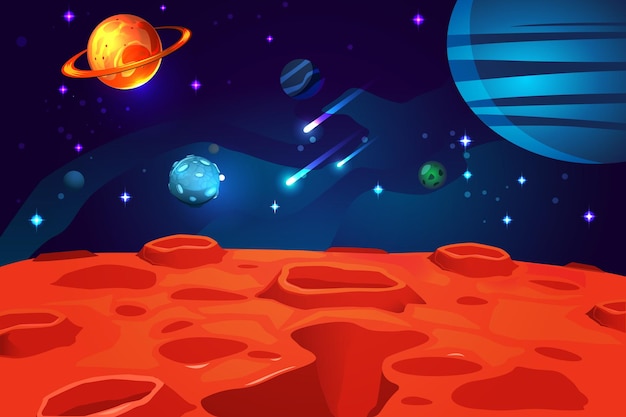 Space colorful cartoon game  with red planet surface night sky sparkling stars and asteroids