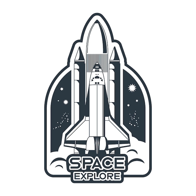 Space emblem monochrome composition with editable text and view of space shuttle taking off vector illustration