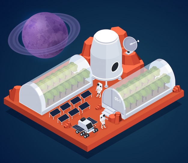 Free Vector space exploration isometric composition with images of planet in space and hothouse buildings of extraterrestrial base vector illustration