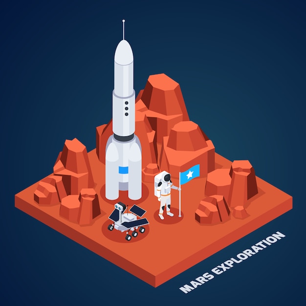 Free Vector space exploration isometric composition with piece of martian terrain with rocket astronaut and rover with text vector illustration