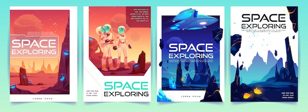 Free Vector space exploring flyers set with alien landscape