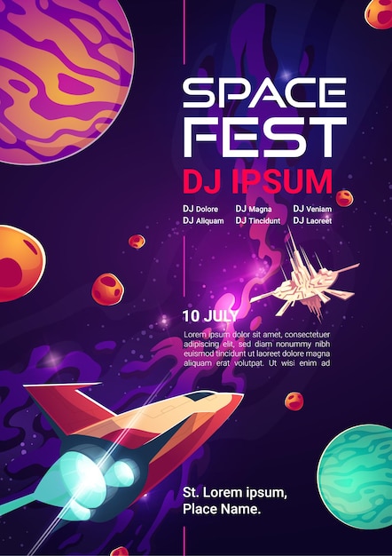 Space fest cartoon web banner, invitation to music show or concert with dj performance