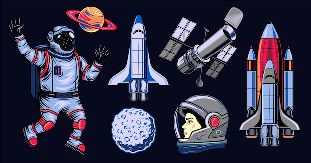 Free Vector space flat illustration set. colored comic elements of astronaut, space shuttle, saturn and satellite isolated vector illustration collection. logo design and universe concept