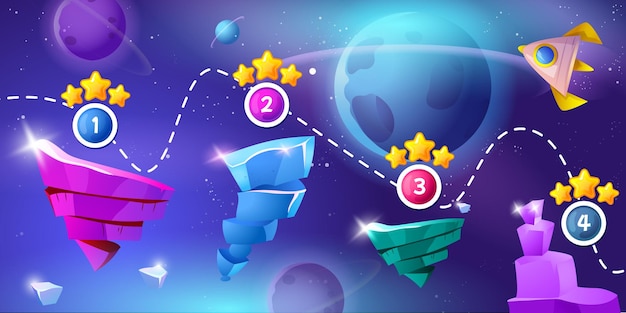 Space game level background with crystal platforms and rocket