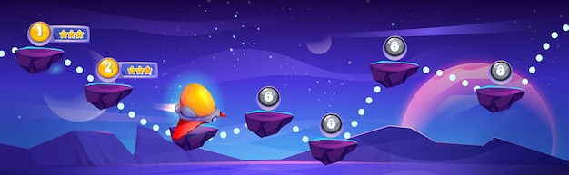 Free vector space game progress map on night sky background vector cartoon illustration of aircraft traveling between floating islands to raise bonus points golden stars and lock icons on arcade stone platforms