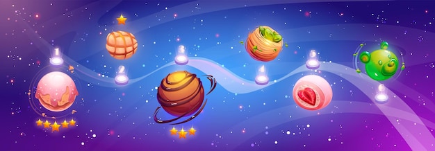 Free Vector space game ui level map with imaginary sweet dessert planets on path cartoon vector illustration of gaming route with steps marked with magic alien cosmic orbs looking like candy and pastries