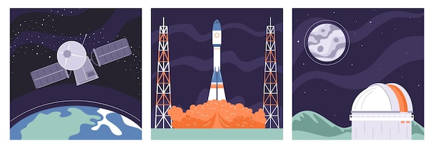 Free Vector space industry flat set of compositions with satellite rocket launch and observatory isolated vector illustration